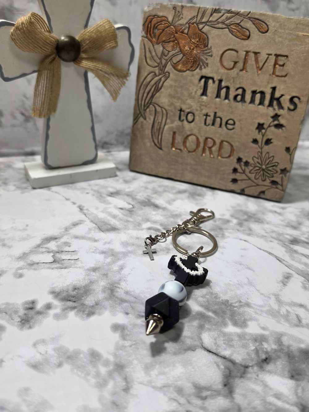 Handmade Black and White Beaded Cross Keychain - Unbranded